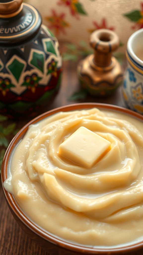 Creamy mashed kenkey with milk in a bowl, garnished with butter, on a traditional Ghanaian table.